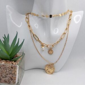 Boho Festival Layered Gold Chain and Pearl Necklace Festival Statement